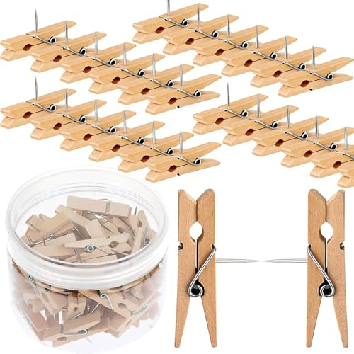 Punaises avec Clips,50 Pièces Punaises avec Clips en Bois Décoratives,Clips de avec des Pincese pour Panneaux de Liège,Tableau d'Affichage,Mur d'Affichage Photos（35x7 mm）