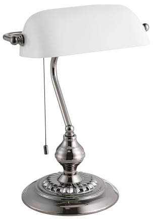 Eglo Banker Table Lamp, Vintage Desk Light, Retro Office Lamp in Nickel-Black Metal with Frosted White Glass, Bedside Light Pull Chain, E27 Socket