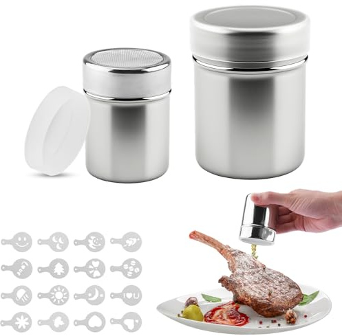 Foydream 2 Stück Puderzuckerstreuer Edelstahl feinem mehlsieb Pulverstreuer mit 16 Kaffee Schablonen für Cappuccino Heiße Schokolade Mehlsieb Für Zucker, Kakao, Salz, Restaurant, Zuhause