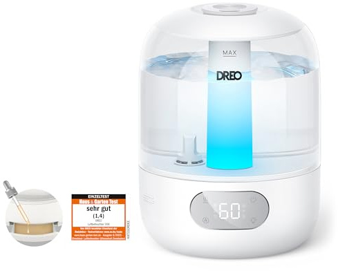 DREO 3L Umidificatore Ambiente Bambini Silenzioso 26dB, Ultrasuoni Nebbia Fresca, Ugello 360°, 30h Autonomia, Diffusore Oli Essenziali, Luce Ambientale, per Casa e Piante, Bianco
