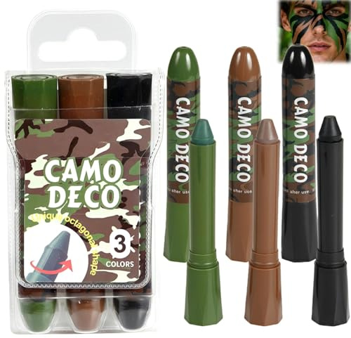 3 Color Camo Face Paint Sticks - Waterproof Camouflage Makeup for Hunting & Outdoor Sports, Face Paint Pens for Eye & Body (Brown, Black, Green)