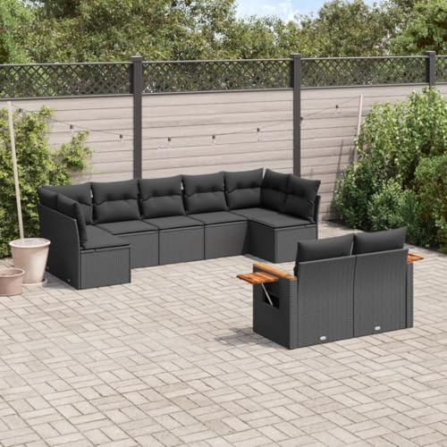 JHQHSM Set di 9 divani da giardino con cuscino in polyrattan nero, design modulare con vano portaoggetti e sacchetto impermeabile, ripiani pieghevoli, rivestimenti rimovibili, in rattan PE durevole