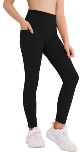 Haloumoning Legging de sport pour fille - Élastique - Couleur unie - Pantalon de sport pour enfant - Long - Yoga - Jogging - Entraînement, Noir , 13-14 ans