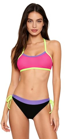 Jowowha Dam Hawaiiansk baddräkt ryggkors justerbar band bikini topp färgblock baddräkter bikini set nackhållare set simning, rosa svart, L