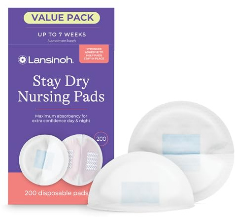 Lansinoh Stay Dry Disposable Nursing Pads, Soft and Super Absorbent Breast Pads, Breastfeeding Essentials for Moms, 200 Count