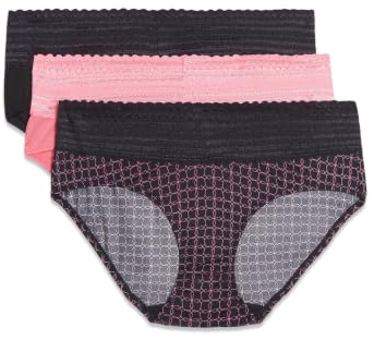 Warner's womens Blissful Benefits No Muffin 3 Pack Hipster Panties, Black/Flamingo Pink/Miami Pink Octagon, Medium US