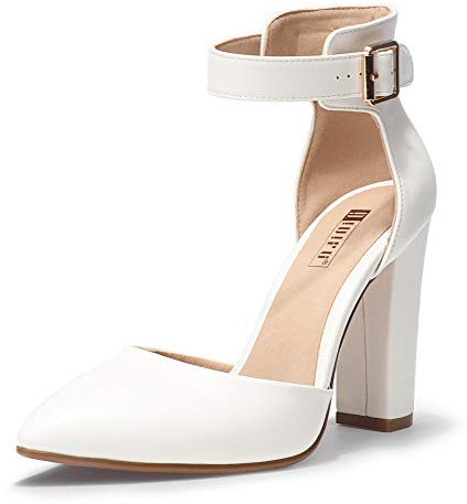 IDIFU Women's IN4 Pedazo High Block Heels Pumps Pointed Closed Toe Ankle Strap Dress Wedding Shoes (White Pu, 8.5 M US)