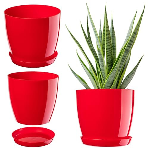 KADAX Élégant Pot de Fleurs, Pot à Plantes avec Soucoupe, Pot de Fleurs Rond, Pot de Fleurs en Plastique, Cache-Pot pour Fleurs, Pot de Fleurs Interieur Ø 20 cm Rouge
