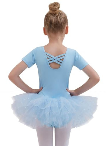 Tancefair Kinder Ballettkleidung Mädchen Glitzernder Ballettkleid Kurzarm Baumwolle Balletttrikot Ballettanzug Tanzkleid Tanzbody mit Glänzendem Rock Tütü