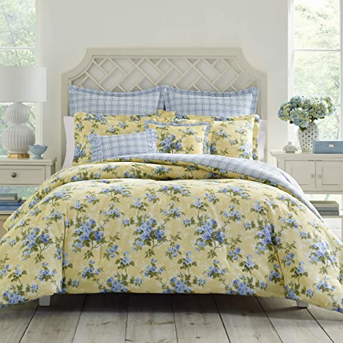 Laura Ashley - Twin Duvet Cover Set, Reversible Cotton Bedding with Matching Sham, Includes Bonus Euro Sham & Throw Pillow Covers (Cassidy Yellow, Twin)