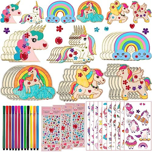 398Pcs Einhorn Holz Bastelset, Kindergeburtstag Basteln, Mit 30 Holz, 354 Strasssteine, 12 Farbstifte, 2 Aufkleber, Basteln Kinder Für Mädchen/Jungen DIY Handwerk A