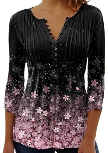 Yeenily Tunique Femme Longue Grande Taille à Manches 3/4 Chemisier Boutonné Imprimé Floral col V Plissé Top Lâche T-Shirt Basiques Haut Automne(Noir,XXL)