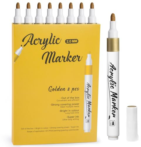 Mzh Art 8 Gold Metallic Acryl Markers Stifte Lackmarker Pens, Feine Spitze, Acryl Gold Permanent Markers fur Papier, Skizzieren, Malen, Holz, Fels, Reifen, Plastik, Leder, Glas, DIY Malerei
