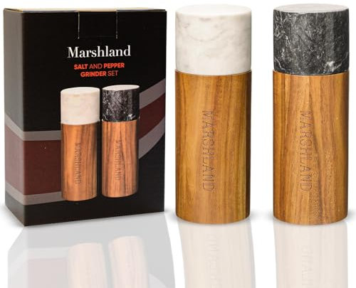 Marshland UK Salt and Pepper Grinder Set - Spice Grinder Made from Acacia Wood and Marble, Set of 2 Salt Grinder and Pepper Mill - Wood Color