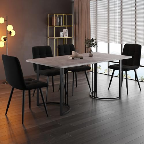 BXEYXE Matgrupp (5 delar), matbord med 4 stolsset, modernt köksbordsset, 140 × 80 cm köksbord med svarta metallben, MDF-bordsskiva i grått, svart sammet matstolar