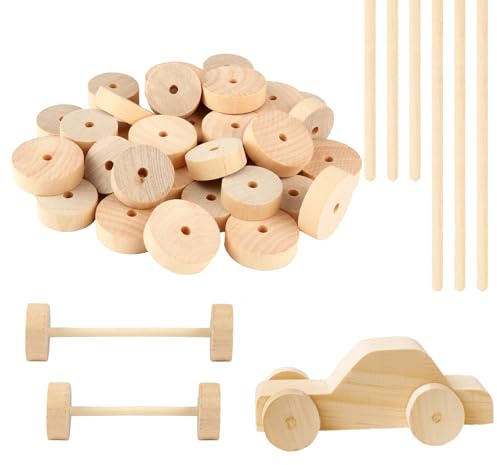 Xishoyen 40 stycken trähjul, träpinnar, obearbetade träcyklar, 2,8 cm och 3,5 cm träpysselhjul med träpinnar, miniträskiva med hål för gör-det-själv hantverk, målning, hantverk, modellbilar