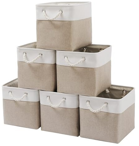ICEMOR 28 x 28 x 28 cm Cube Storage Bins, 6 Pack Large Collapsible Fabric Storage Boxs with Ropes, Foldable Storage Cubes for Home, Office,Closet, Clothes, Toys Organizer (White & Beige)