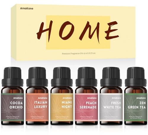 AmaKane Home Fragrance Oils, Diffuser Oils Scents for Home, Candle Making Scents, Fragrance Oil for Soap Making, Fresh White Tea, Cocoa Orchid, Peach Serenade and More Essential Oils, 6x10 ml