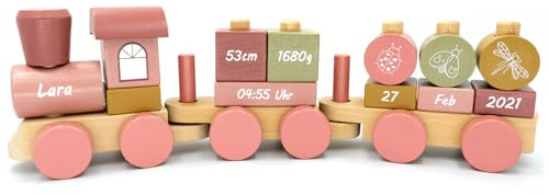Personalisierte Holz-Eisenbahn mit Namen – Lokomotive mit Steckformen in Rosa – Geschenk zur Geburt & Geburtstag für Mädchen & Jungen – Schriftfarbe Weiß
