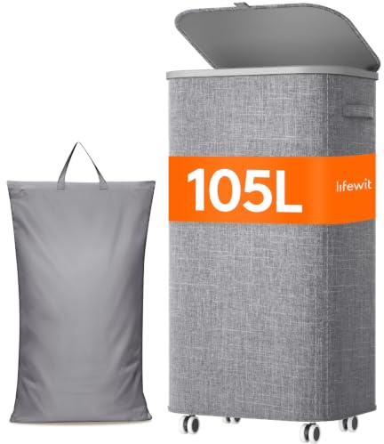 Lifewit 105 l tvättkorg med hjul och lock, ljusgrå | Vikbar tvättsorterare med avtagbar tvättpåse och plastram, stor tvättlåda för sovrum och badrum