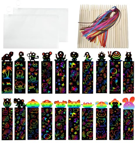 UIHRLM 48PCS Scratch Art Bookmarks, Animal Magic Rainbow Scratch Art for Kids with Bamboo Stylus & Ribbons & Storage Bag, Children DIY Craft Tags Party Bag Fillers for Gifts Boys Classroom Birthday