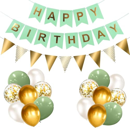 Green Gold Happy Birthday bunting Banner Decoration Balloons, Ribbons and Banners for Party Supplies(GN+GD+PT)