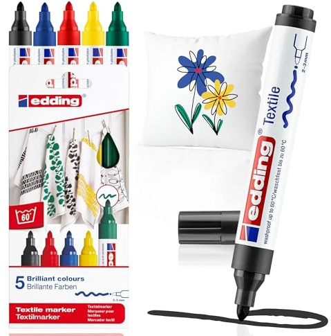 edding 4500 marcador textil - negro, rojo, azul, verde, amarillo - 5 unidades - punta redonda de 2-3 mm - rotuladores textiles permanentes, resistentes a lavados de hasta 60 °C