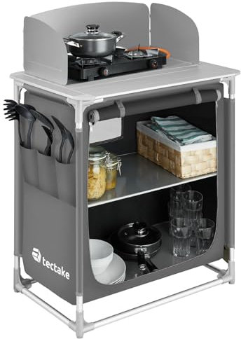 TecTake® Portable Camping Kitchen - 2 Shelves, 3 External Pockets, Heat-Resistant Worktop, & Zipped Door - Cupboard & Outdoor Storage Cabinet - Compact, Lightweight & Includes Carry Bag - Grey
