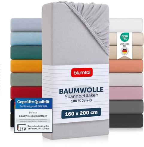Blumtal Bomullslakan 160x200 cm - 100% Bomull, Draperi Jersey, upp till 25 cm madrasshöjd, Moonlight Grey - Grå