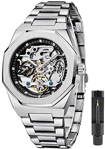 Fashion Silver Mens Watches Top Brand Luxury Automatic Mechanical Stainless Steel Fashion Business Skeleton Wristwatch