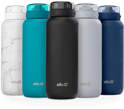 Ello Cooper Vacuum Insulated Stainless Steel Water Bottle with Soft Straw and Carry Loop, Double Walled, Leak Proof, Black, 32oz