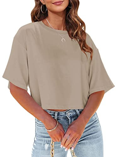 Tankaneo Damen Crop Tops Kurzarm T-Shirts Sommer Fitness Oversize Oberteile Crew Neck Bauchfrei Sportshirt