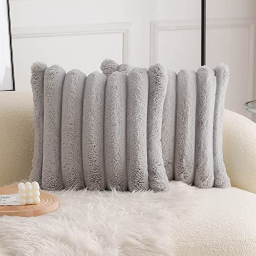 Neelvin Grey Faux Fur Cozy Soft Striped Decorative Throw Pillow Covers 18x18 inch(45x45cm) Set of 2,Velvet Pillowcase Cushion Case for Sofa Couch