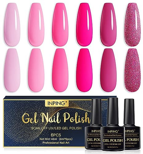 INPING Pink Gel Nail Polish Set, UV LED Gel Polish with Neon, Shimmer, Glitter, Peach, Purple, Hot Pink for Nail Art Manicure, Pedicure, Long Lasting