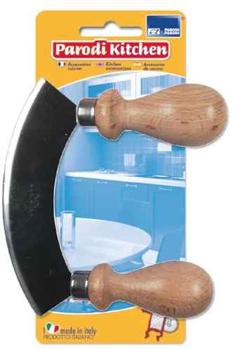 PARODI & PARODI - Mezzaluna Cucina Acciaio Impugnatura Legno, Coltello Lama Fissa Media 18 cm Lavabile Antiruggine, Accessori Cucina per Sminuzzare Erbe e Spezie Utensili Cucina Taglia Verdure Manuale