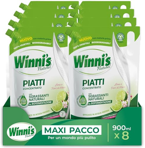 Winni's - Detersivo Piatti e Stoviglie a Mano, Lime e Fiori di Mela, Concentrato, Ipoallergenico, con Sgrassanti Naturali da Biofermentazione, Materie Prime di Origine Vegetale, 900 ml x 8 confezioni