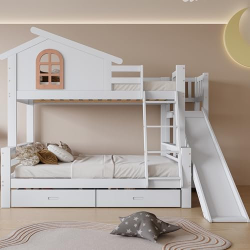 Litera con Ventanas características y Escalera basculante de 4 Niveles, 90 x 200 y 120 x 200 cm para niños y Cama Madre con tobogán, con Dos cajones, Marco de Cama de Madera Maciza (litera+cajon)