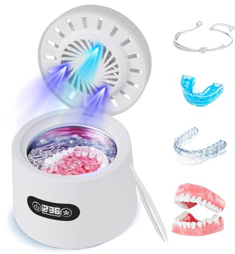 Ultraschallreinigungsgerät Zahnschiene 45000Hz,3 Stufen Tiefenreinigung,UV-Sterilisation,Trocknungsfunktion,Ultraschallreiniger Für Zahnprothesen,Zahnspangen, Zahnbürstenköpfe,Ringe,Ohrringe (Weiß)