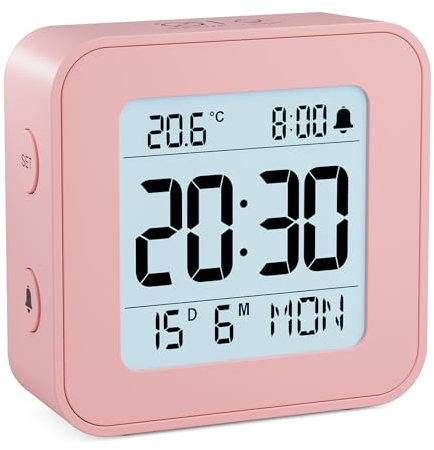 LATEC Alarm Clock Bedside Battery Powered LCD Digital Clock with Date & Day, Snooze, Temperature, 12/24H, Backlight, 3 Volumes, Silent Travel Small Clock for Heavy Sleepers Included Battery Pink