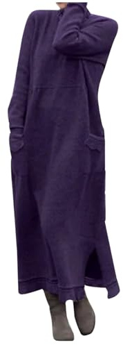 Robes d'hiver pour femmes à manches longues | Robe sweat-shirt avec poches – Robe chandail épaisse en velours côtelé chaude – Robe pull en laine ample – Robe moulante élégante et tendance, violet, S