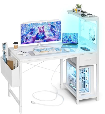 Grandder Gaming Tisch, 120 cm Gaming Schreibtisch mit Steckdose & LED-Beleuchtung, Computertisch mit reversiblen Regalen und Schublade, PC-Schreibtisch für Homeoffice mit Staufach