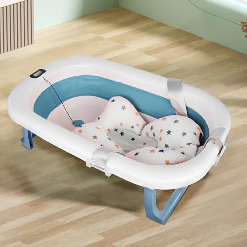 Baignoire pour bébé pliable avec coussin de bain antidérapant, taille XXL, thermomètre pour contrôler la température de l'eau, de la naissance à 2 ans, avec coussin de soutien, tapis de siège