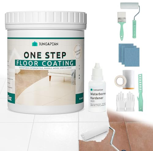 Jungarian All-In-One Interior Floor Coating Kit, Water-based & Low Odor One-Step Floor Paint, High Hardness Waterproof Paint for Ceramic, Porcelain, Fiberglass, Hardwood, Laminate, Vinyl, 35OZ, White