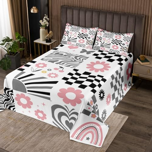 Colcha infantil de margaritas tamaño doble, juego de colcha geométrica a cuadros a cuadros, decoración de habitación de niñas, colcha acolchada con rayas arcoíris y estrellas, edredón elegante negro y