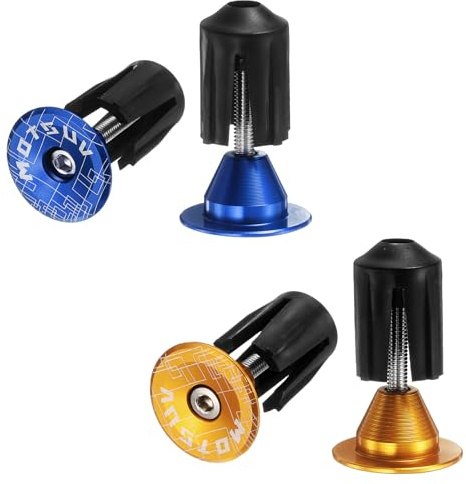 HARFINGTON 2Pair Bar End Plugs Aluminum Handlebar End Caps Bike Plugs 0.7oz Expanding Locking for MTB Road BMX Fixed Gear Bike, Yellow Blue