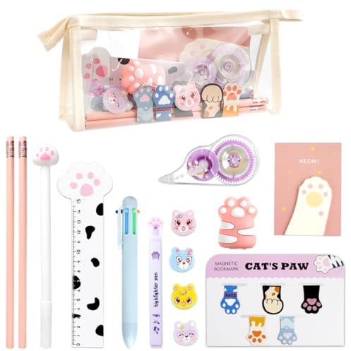 19 PCS Patte de Chat Kit Papeterie , Mini Rouleau à Crayons, Ruban Correcteur, Notes Adhésives, Signets Magnétiques, Stylos Pointeurs, Gomme, Règle, Surligneurs pour Cadeau