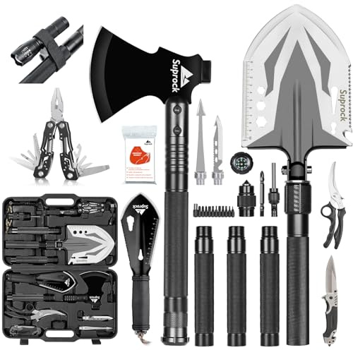 SUPROCK Survival Shovel and Camping Shovel, 30-in-1 Tactical Shovel Axe with High Carbon Steel, Folding Entrenching Tool with Pouch for Emergency, Hiking, Outdoor Gear