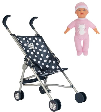 Dolly Tots Marineblauer Puppenbuggy mit Puppe | Spielzeug-Puppenwagen | Baby Puppen-Kinderbuggy | Kinder Puppenwagen mit Schirm-Faltmechanismus | Inklusive passender Puppe | Puppenbuggy für Kinder