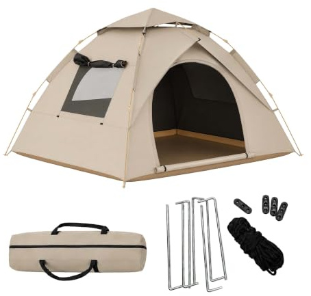 Relaxdays Tienda para 3-4 Personas, Montaje rápido y automático, Beige | protección UV, mosquitera, 145×200×220 cm