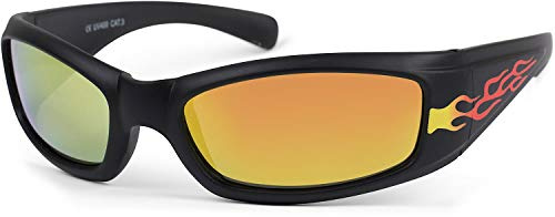 styleBREAKER Lunettes de soleil sportives pour enfants avec imprimé flammes, monture en plastique et verres polycarbonate, monture intégrale, sport 09020089, couleur:Monture noir / verre jaune miroir